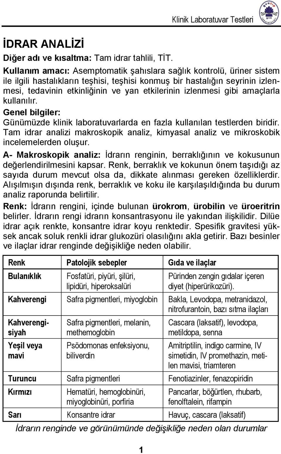 izlenmesi gibi amaçlarla kullanılır. Genel bilgiler: Günümüzde klinik laboratuvarlarda en fazla kullanılan testlerden biridir.