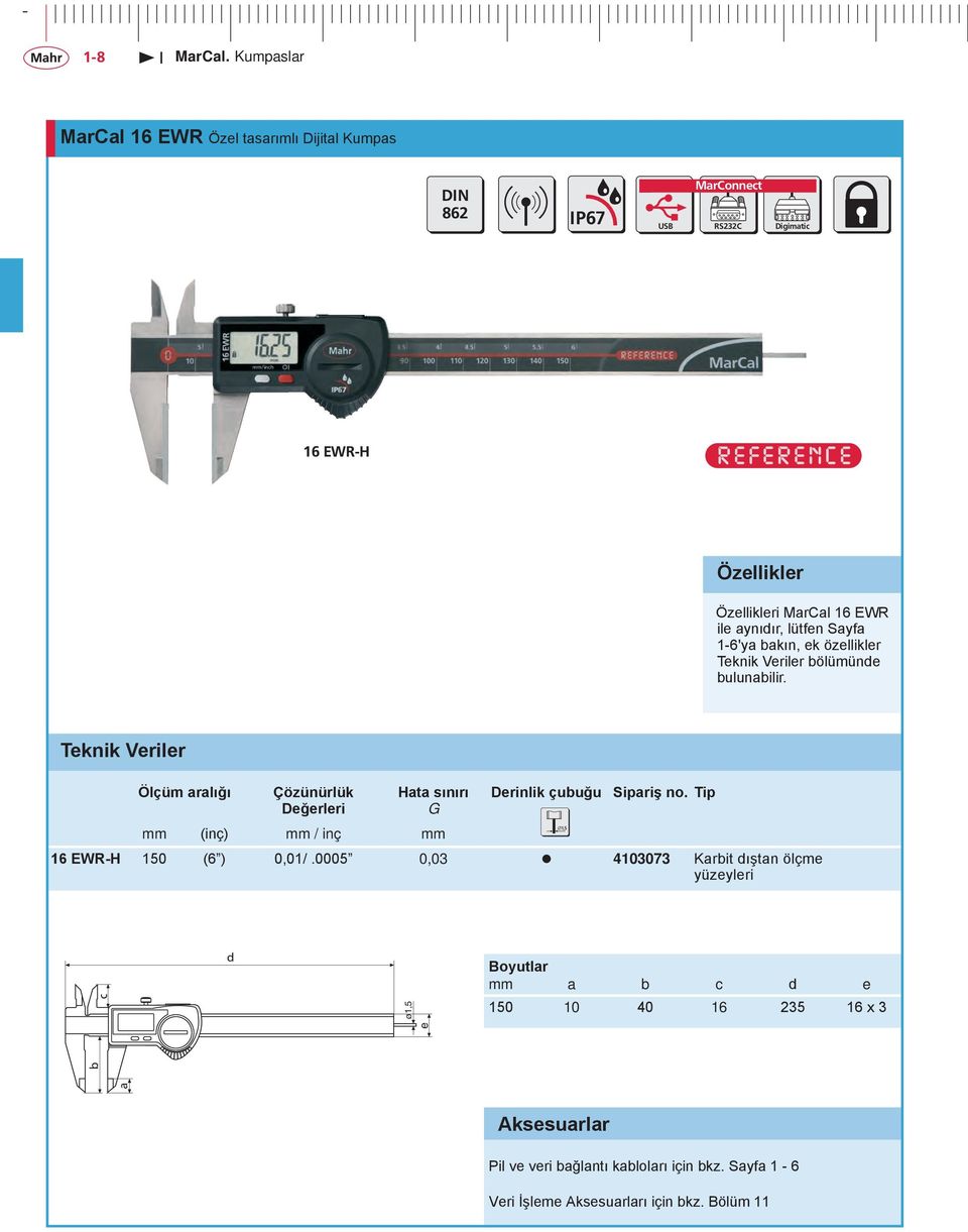 Ölçüm rlığı Çözünürlük Ht sınırı G mm (inç) mm / inç mm Derinlik çuuğu Tip 16 EWR-H 150 (6 ) 0,01/.