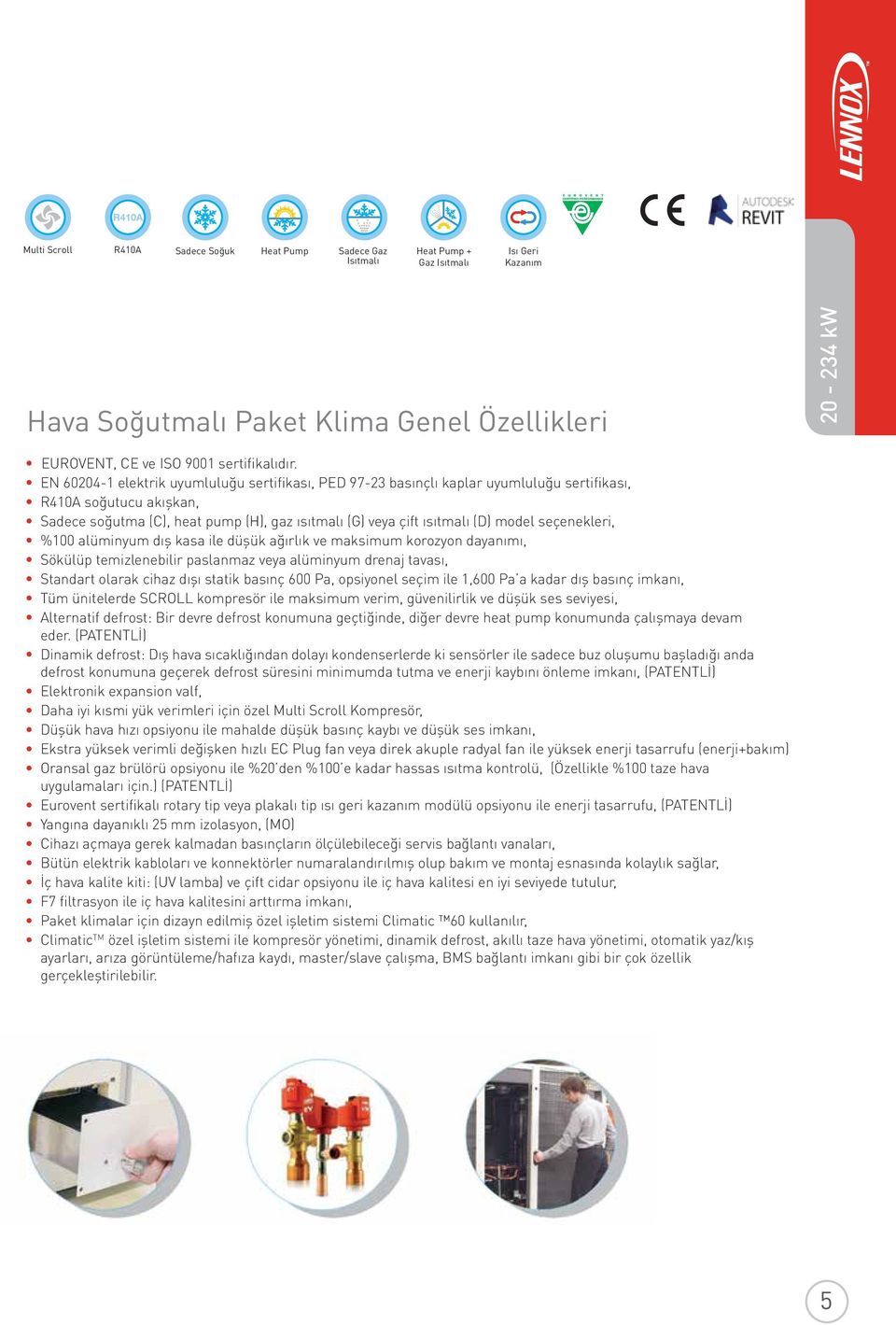 EN 60204-1 elektrik uyumluluğu sertifikası, PED 97-23 basınçlı kaplar uyumluluğu sertifikası, R410A soğutucu akışkan, Sadece soğutma (C), heat pump (H), gaz ısıtmalı (G) veya çift ısıtmalı (D) model