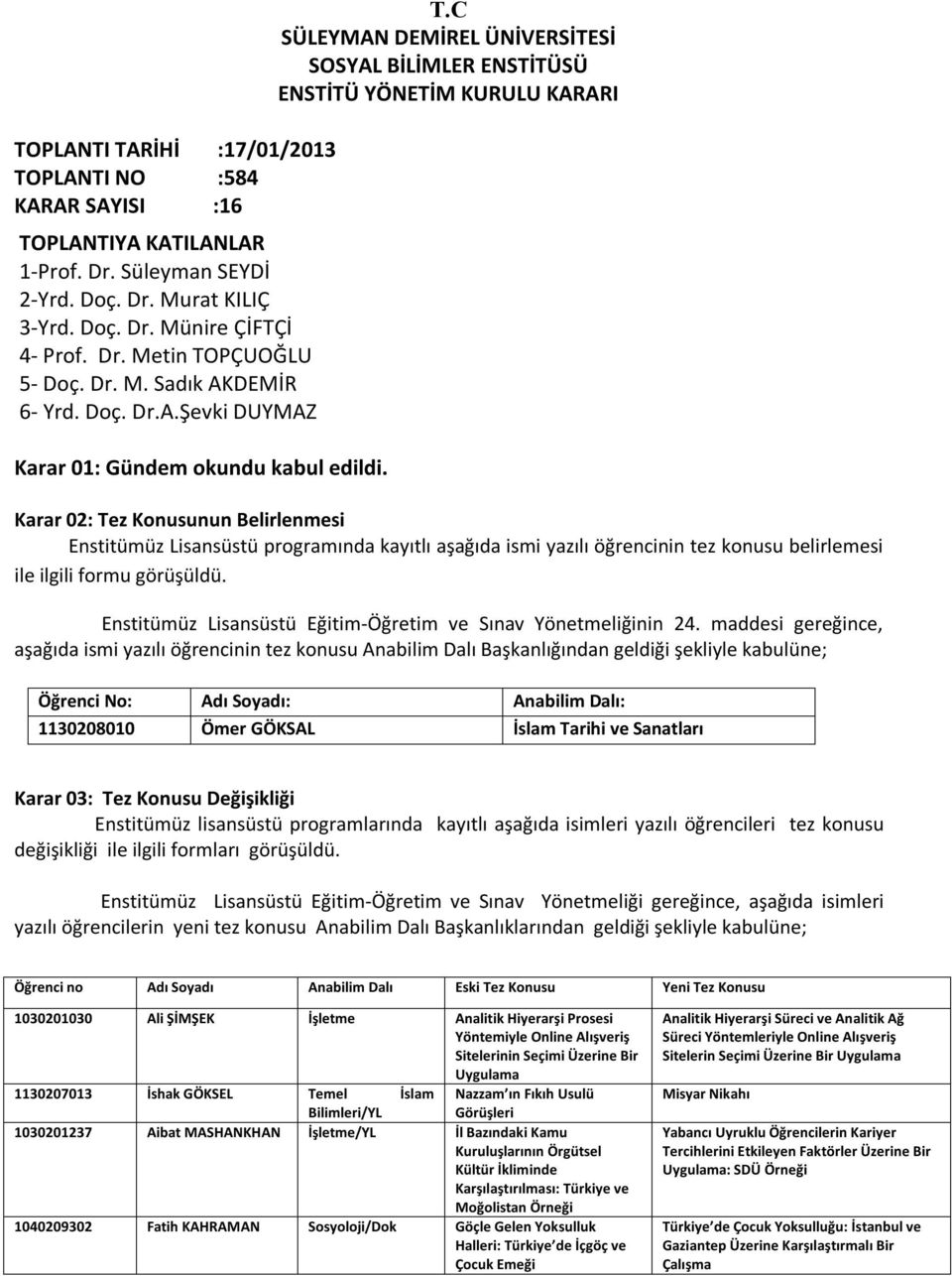 C SÜLEYMAN DEMİREL ÜNİVERSİTESİ SOSYAL BİLİMLER ENSTİTÜSÜ ENSTİTÜ YÖNETİM KURULU KARARI Karar 02: Tez Konusunun Belirlenmesi Enstitümüz Lisansüstü programında kayıtlı aşağıda ismi yazılı öğrencinin