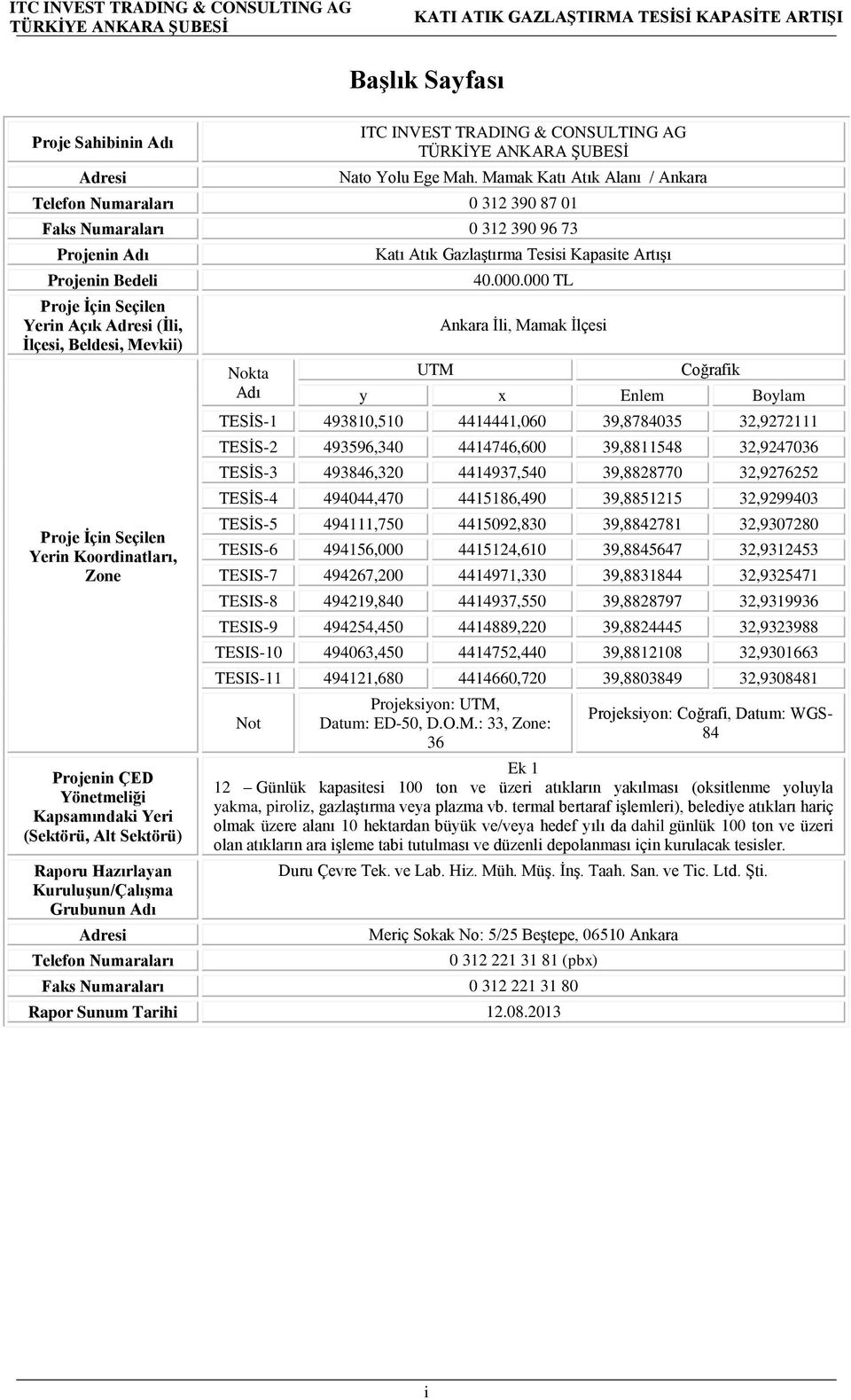 Proje İçin Seçilen Yerin Koordinatları, Zone Projenin ÇED Yönetmeliği Kapsamındaki Yeri (Sektörü, Alt Sektörü) Raporu Hazırlayan Kuruluşun/Çalışma Grubunun Adı Adresi Telefon Numaraları Nokta Adı