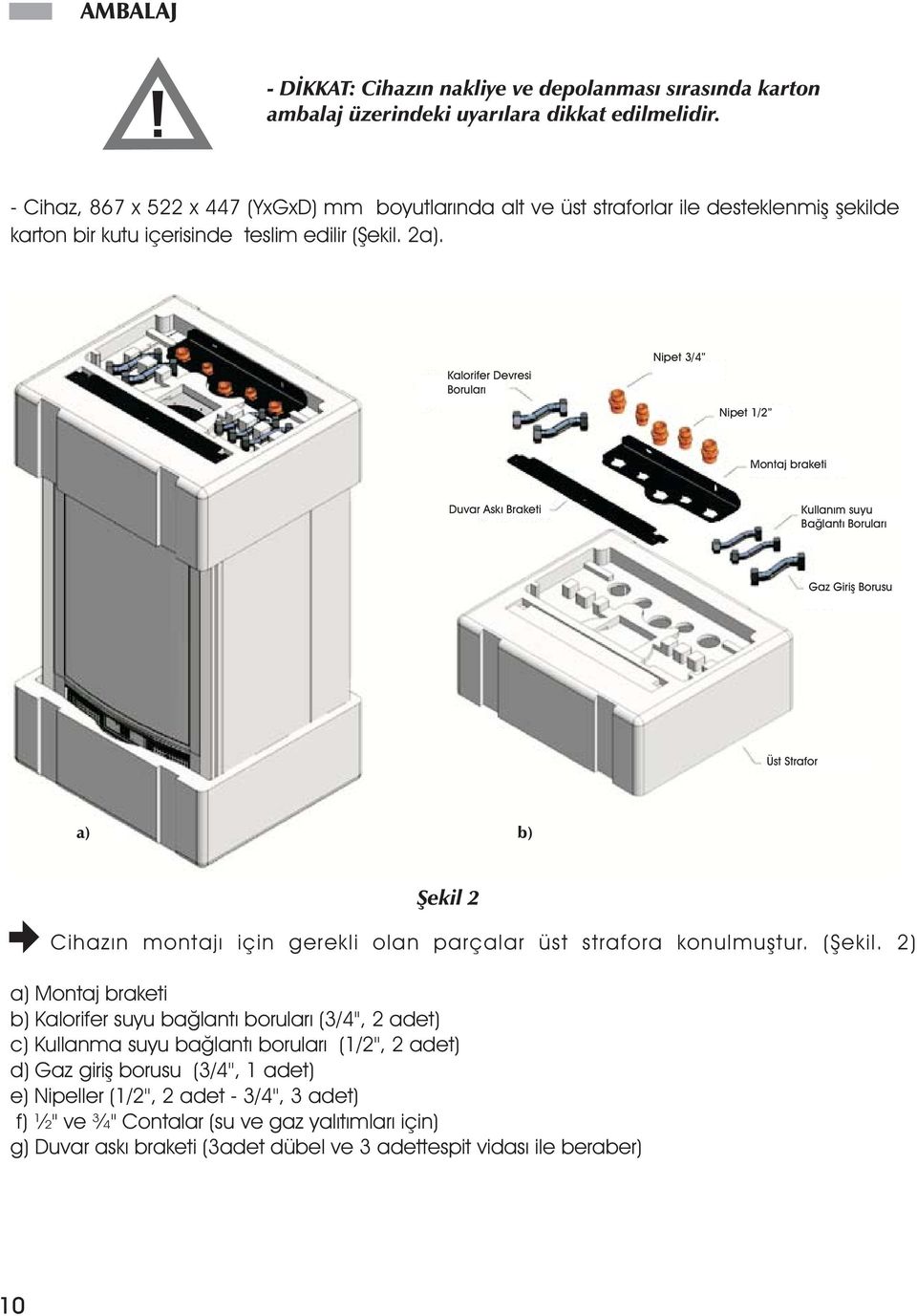 Kalorifer Devresi Borularý Nipet 3/4 Nipet 1/2 Montaj braketi Duvar Aský Braketi Kullaným suyu Baðlantý Borularý Gaz Giriþ Borusu Üst Strafor a) b) Þekil 2 Cihazýn montajý için gerekli olan parçalar