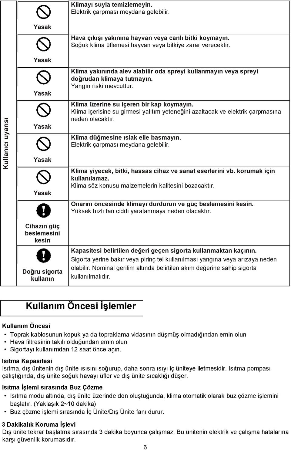 Klima içerisine su girmesi yalıtım yeteneğini azaltacak ve elektrik çarpmasına neden olacaktır. Klima düğmesine ıslak elle basmayın. Elektrik çarpması meydana gelebilir.