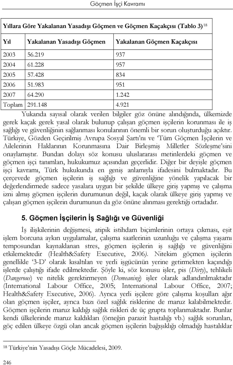 921 Yukarıda sayısal olarak verilen bilgiler göz önüne alındığında, ülkemizde gerek kaçak gerek yasal olarak bulunup çalışan göçmen işçilerin korunması ile iş sağlığı ve güvenliğinin sağlanması