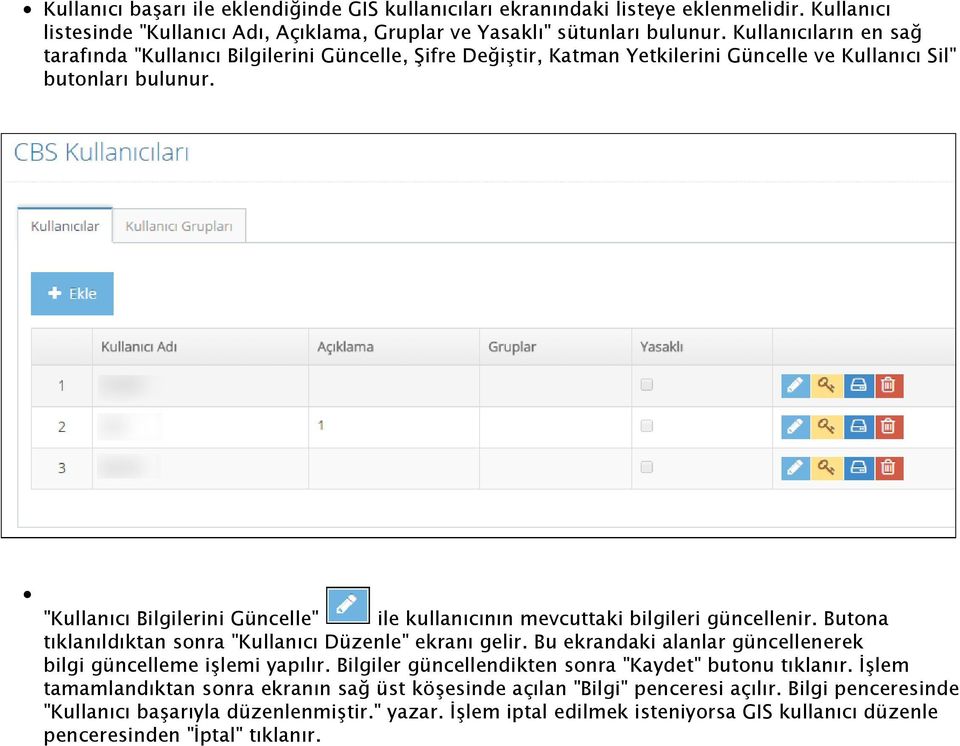 "Kullanıcı Bilgilerini Güncelle" ile kullanıcının mevcuttaki bilgileri güncellenir. Butona tıklanıldıktan sonra "Kullanıcı Düzenle" ekranı gelir.