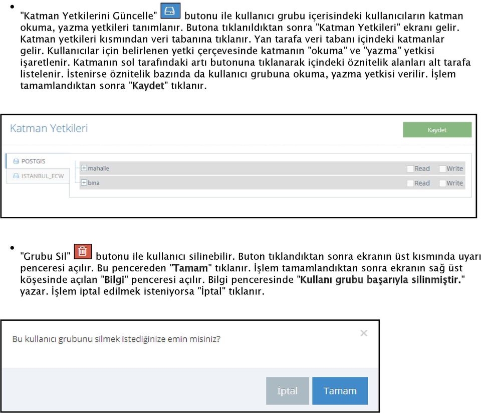 Katmanın sol tarafındaki artı butonuna tıklanarak içindeki öznitelik alanları alt tarafa listelenir. İstenirse öznitelik bazında da kullanıcı grubuna okuma, yazma yetkisi verilir.