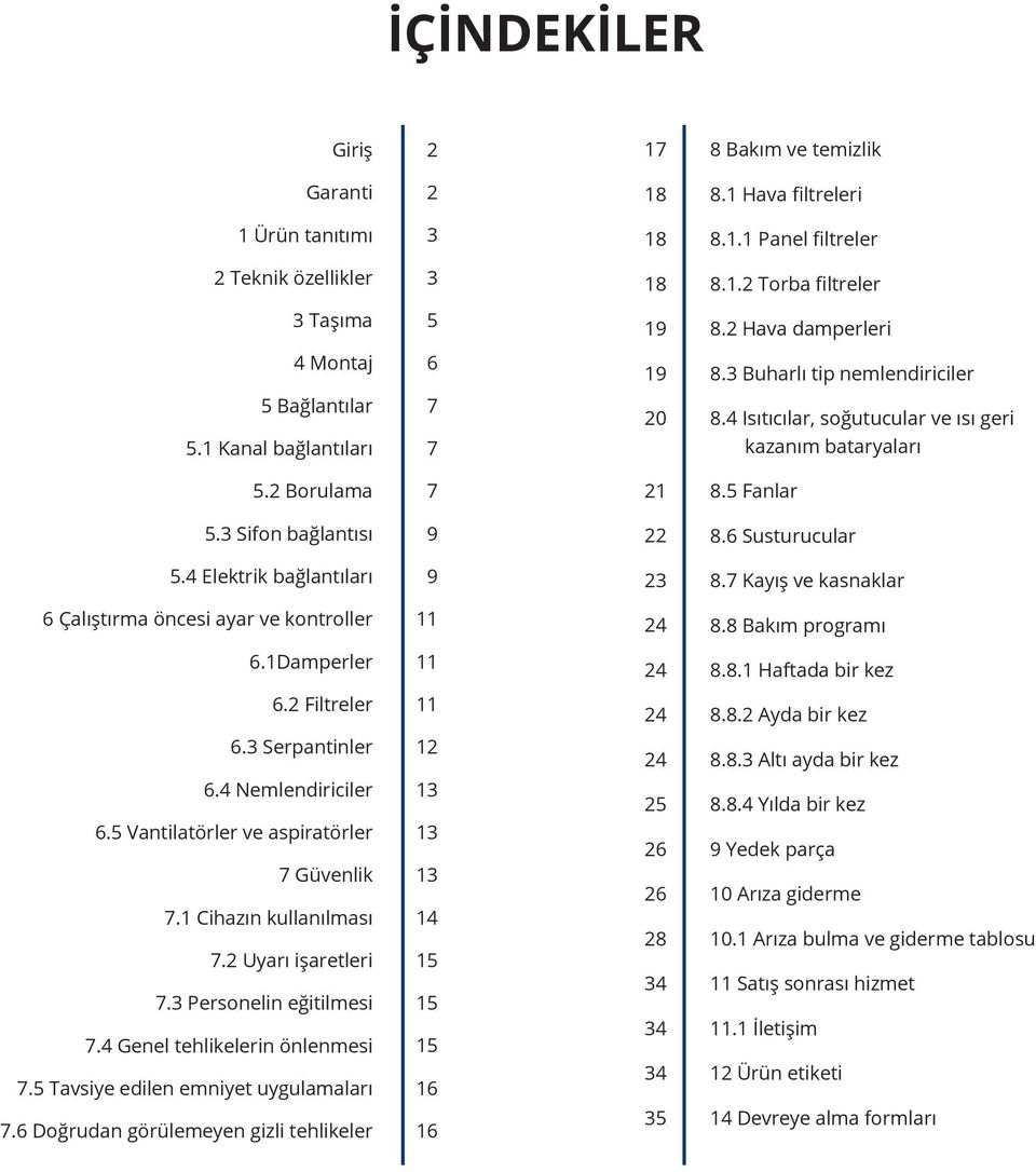 3 Sifon bağlantısı 9 22 8.6 Susturucular 5.4 Elektrik bağlantıları 9 23 8.7 Kayış ve kasnaklar 6 Çalıştırma öncesi ayar ve kontroller 11 24 8.8 Bakım programı 6.1Damperler 11 24 8.8.1 Haftada bir kez 6.