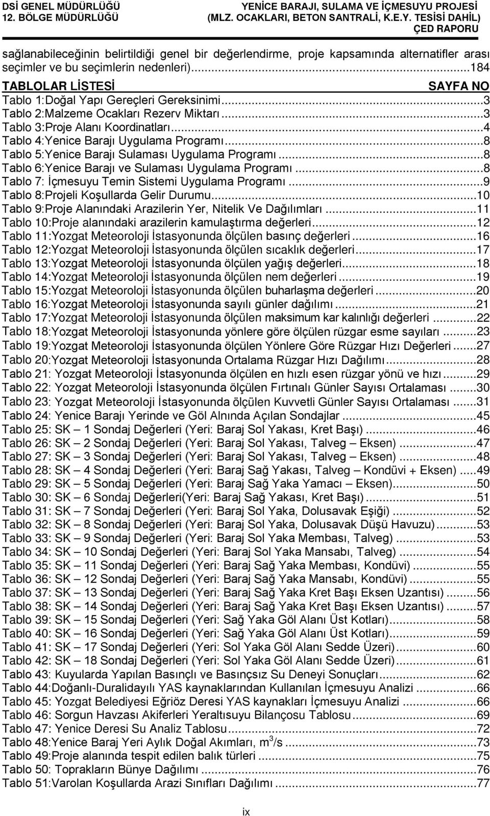 ..8 Tablo 5:Yenice Barajı Sulaması Uygulama Programı...8 Tablo 6:Yenice Barajı ve Sulaması Uygulama Programı...8 Tablo 7: İçmesuyu Temin Sistemi Uygulama Programı.