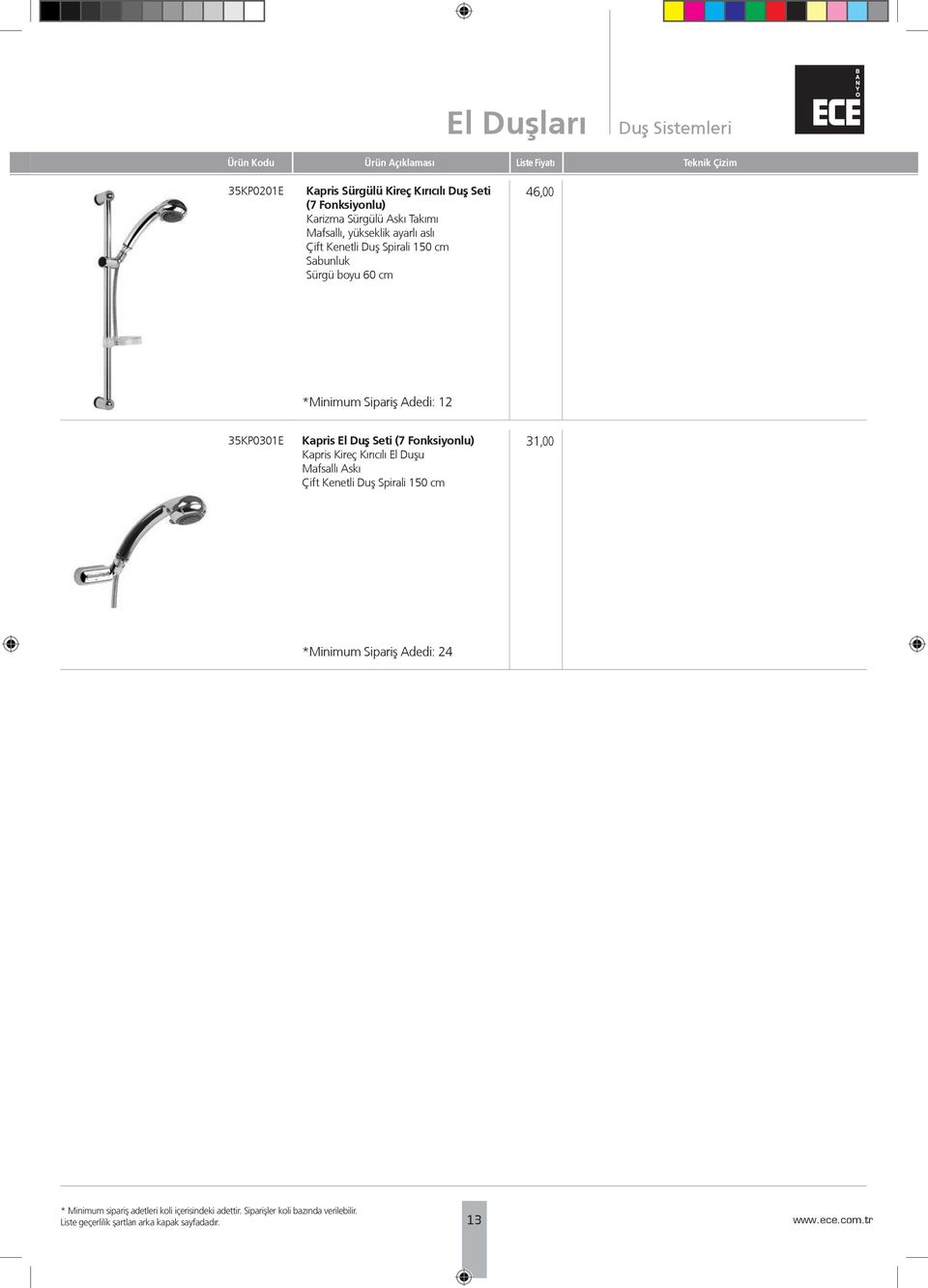 Kenetli Duş Spirali 150 cm Sabunluk Sürgü boyu 60 cm 46,00 35KP0301E Kapris El Duş Seti (7 Fonksiyonlu)