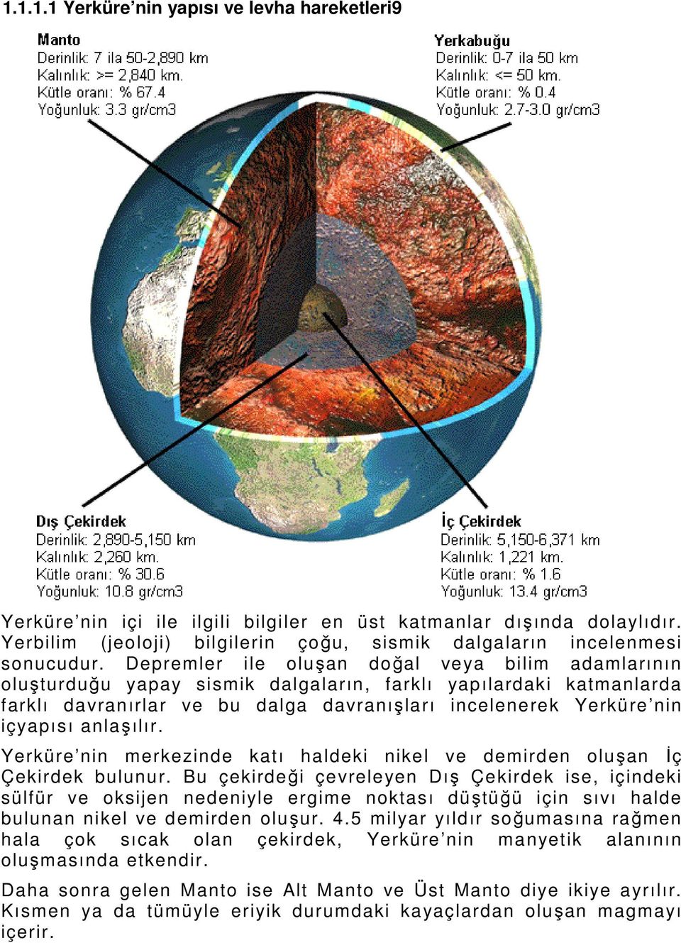 anlaşılır. Yerküre nin merkezinde katı haldeki nikel ve demirden oluşan İç Çekirdek bulunur.