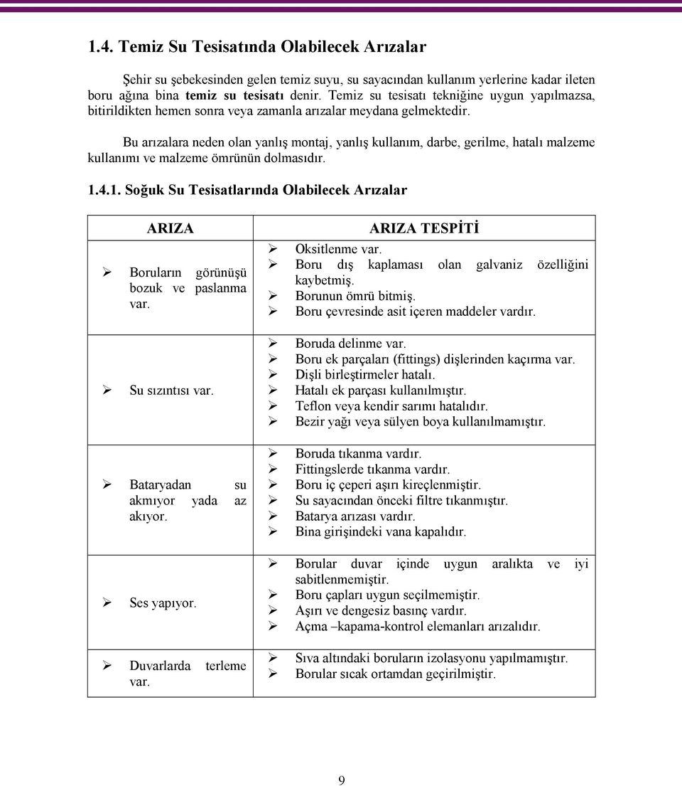 Bu arızalara neden olan yanlış montaj, yanlış kullanım, darbe, gerilme, hatalı malzeme kullanımı ve malzeme ömrünün dolmasıdır. 1.