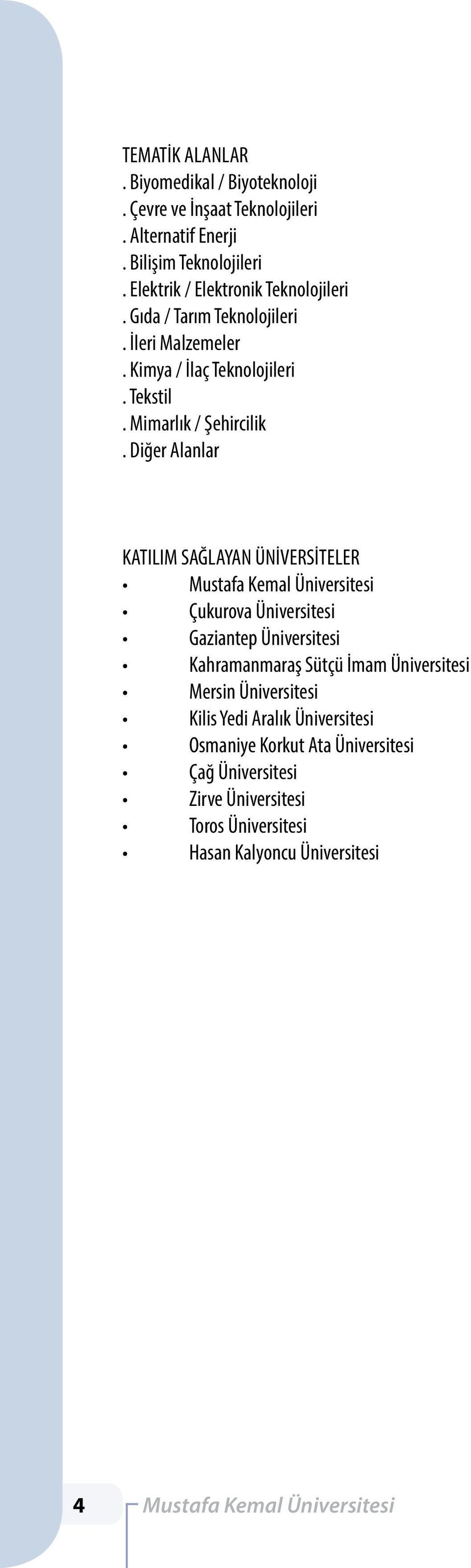 Diğer Alanlar KATILIM SAĞLAYAN ÜNİVERSİTELER Mustafa Kemal Üniversitesi Çukurova Üniversitesi Gaziantep Üniversitesi Kahramanmaraş Sütçü İmam