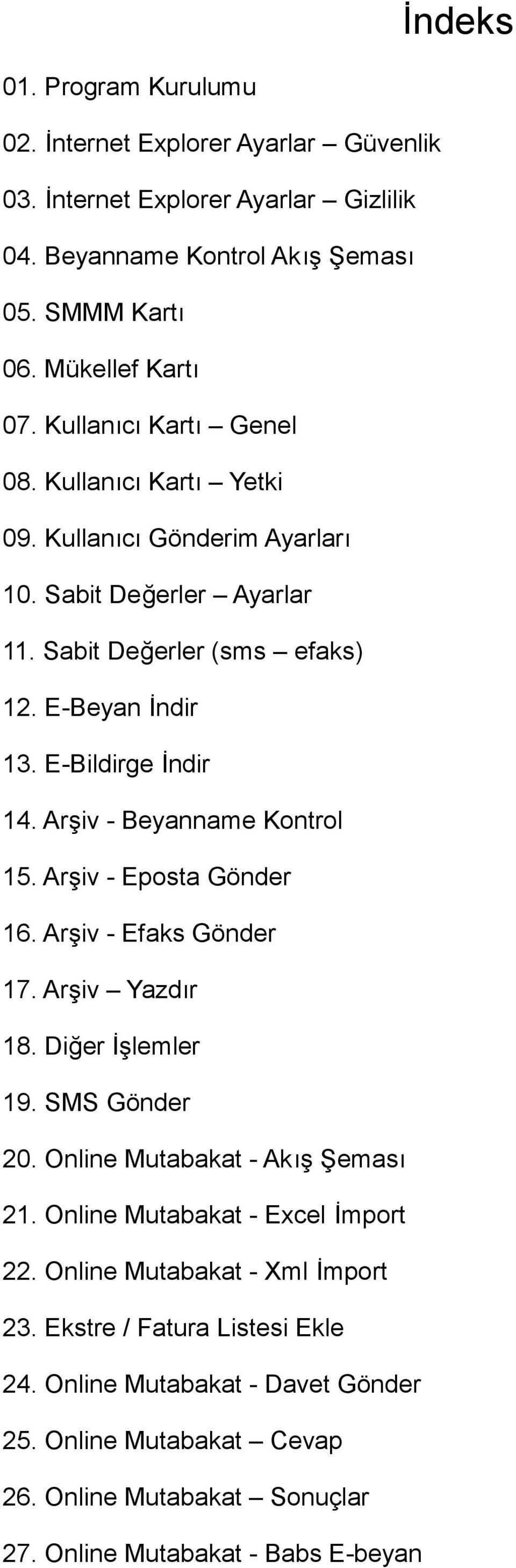 Arşiv - Beyanname Kontrol 15. Arşiv - Eposta Gönder 16. Arşiv - Efaks Gönder 17. Arşiv Yazdır 18. Diğer İşlemler 19. SMS Gönder 20. Online Mutabakat - Akış Şeması 21.