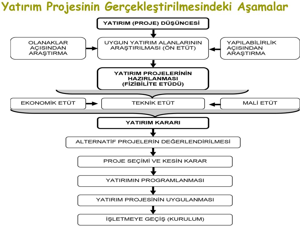 HAZIRLANMASI (FİZİBİLİTE ETÜDÜ) EKONOMİK ETÜT TEKNİK ETÜT MALİ ETÜT YATIRIM KARARI ALTERNATİF PROJELERİN