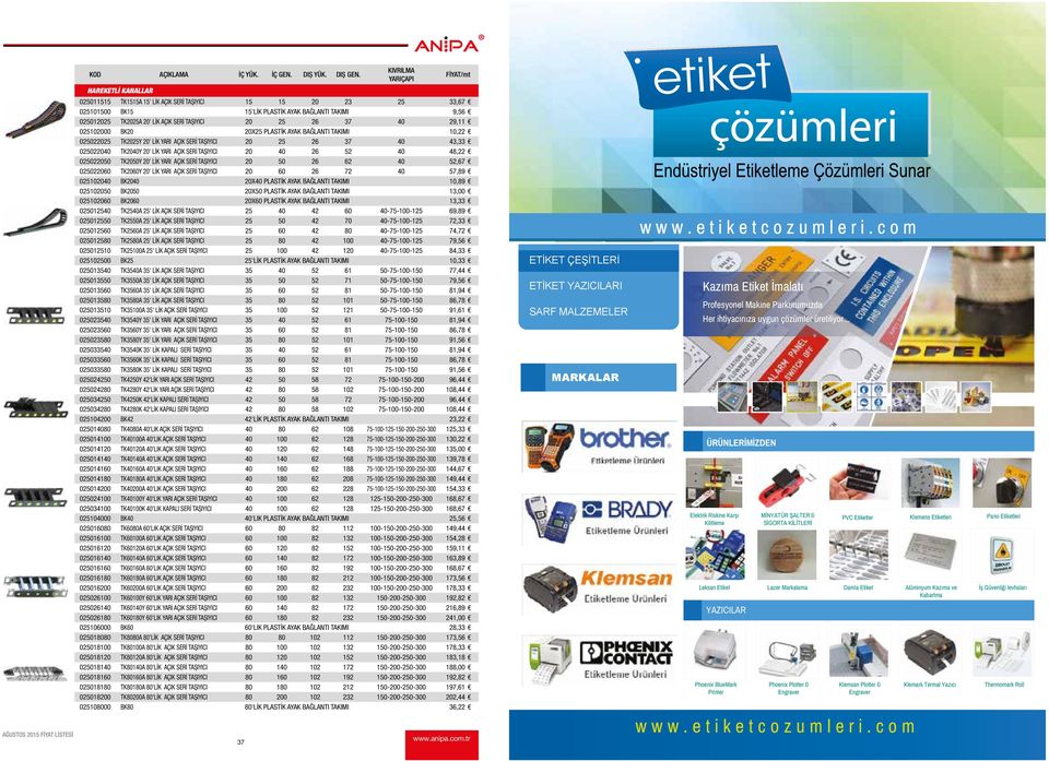 SERİ TAŞIYICI 20 25 26 37 40 29,11 025102000 BK20 20X25 PLASTİK AYAK BAĞLANTI TAKIMI 10,22 025022025 TK2025Y 20' LİK YARI AÇIK SERİ TAŞIYICI 20 25 26 37 40 43,33 025022040 TK2040Y 20' LİK YARI AÇIK