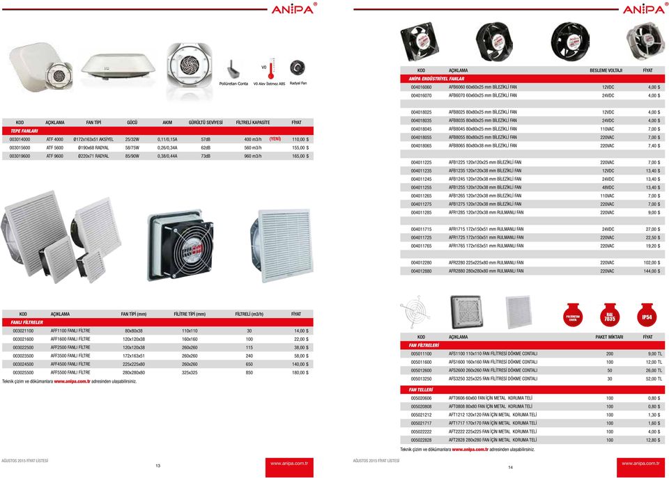 0,26/0,34A 62dB 560 m3/h 155,00 $ 003019600 ATF 9600 Ø220x71 RADYAL 85/90W 0,38/0,44A 73dB 960 m3/h 165,00 $ 004018025 AFB8025 80x80x25 mm BİLEZİKLİ FAN 12VDC 4,00 $ 004018035 AFB8035 80x80x25 mm