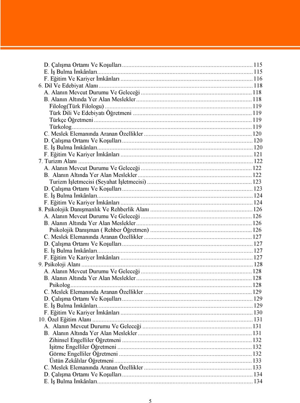 Çalışma Ortamı Ve Koşulları...120 E. İş Bulma İmkânları...120 F. Eğitim Ve Kariyer İmkânları...121 7. Turizm Alanı...122 A. Alanın Mevcut Durumu Ve Geleceği...122 B. Alanın Altında Yer Alan Meslekler.