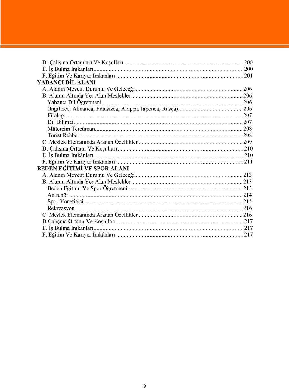 ..208 C. Meslek Elemanında Aranan Özellikler...209 D. Çalışma Ortamı Ve Koşulları...210 E. İş Bulma İmkânları...210 F. Eğitim Ve Kariyer İmkânları...211 BEDEN EĞİTİMİ VE SPOR ALANI A.