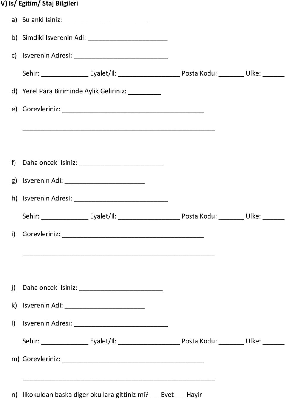 Isverenin Adresi: Sehir: Eyalet/Il: Posta Kodu: Ulke: i) Gorevleriniz: j) Daha onceki Isiniz: k) Isverenin Adi: l)
