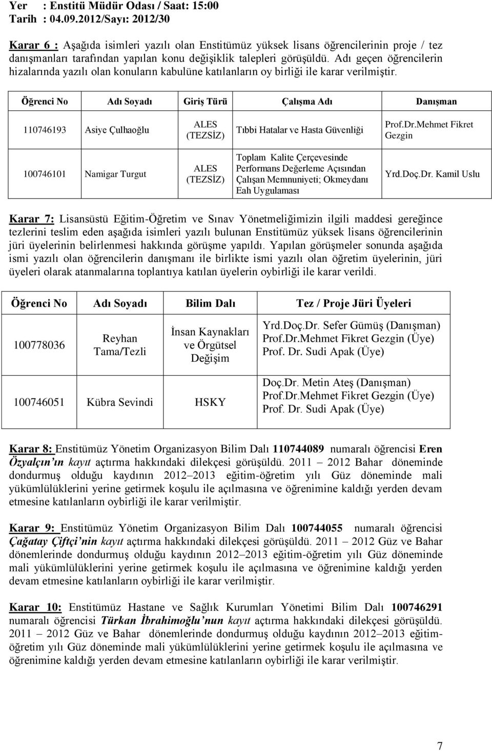 Öğrenci No Adı Soyadı Giriş Türü Çalışma Adı Danışman 110746193 Asiye Çulhaoğlu Tıbbi Hatalar ve Hasta Güvenliği Prof.Dr.