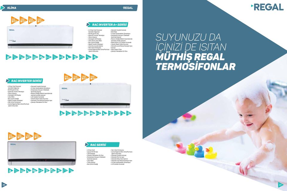 Zamanlayıcı Kompresörü Koruyan 3 Dakikalık Gecikmeli Çalışma Restart Özelliği (Elektrik kesintilerinde otomatik yeniden çalışma) Renkli Ekran LCD Uzaktan Kumanda Yüksek-Düşük Voltaj Koruması Otomatik