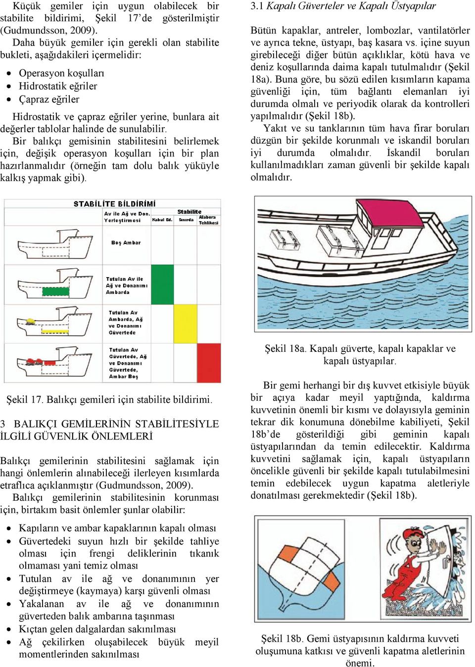 tablolar halinde de sunulabilir. Bir balıkçı gemisinin stabilitesini belirlemek için, değişik operasyon koşulları için bir plan hazırlanmalıdır (örneğin tam dolu balık yüküyle kalkış yapmak gibi). 3.