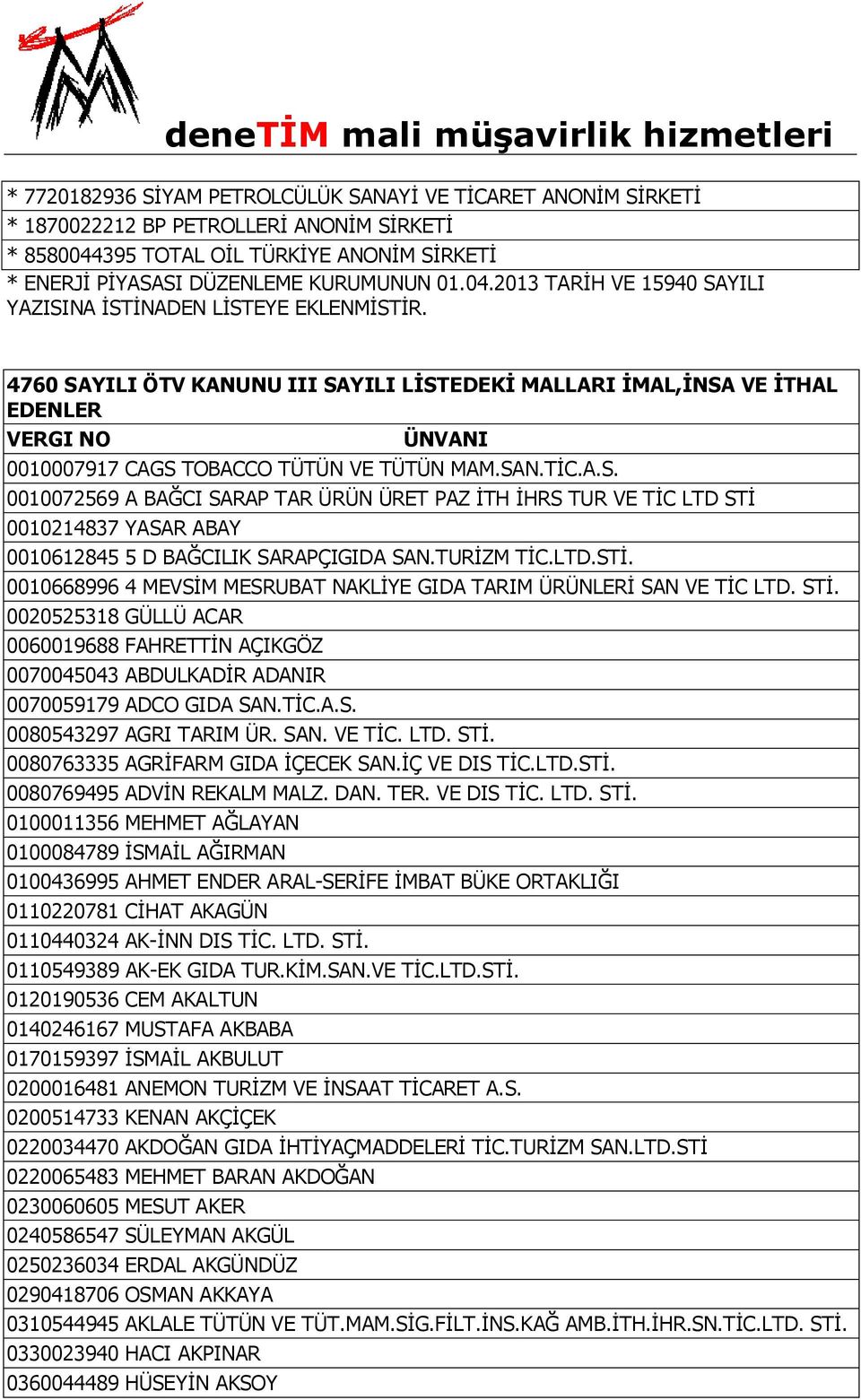 TURİZM TİC.LTD.STİ. 0010668996 4 MEVSİM MESRUBAT NAKLİYE GIDA TARIM ÜRÜNLERİ SAN VE TİC LTD. STİ.