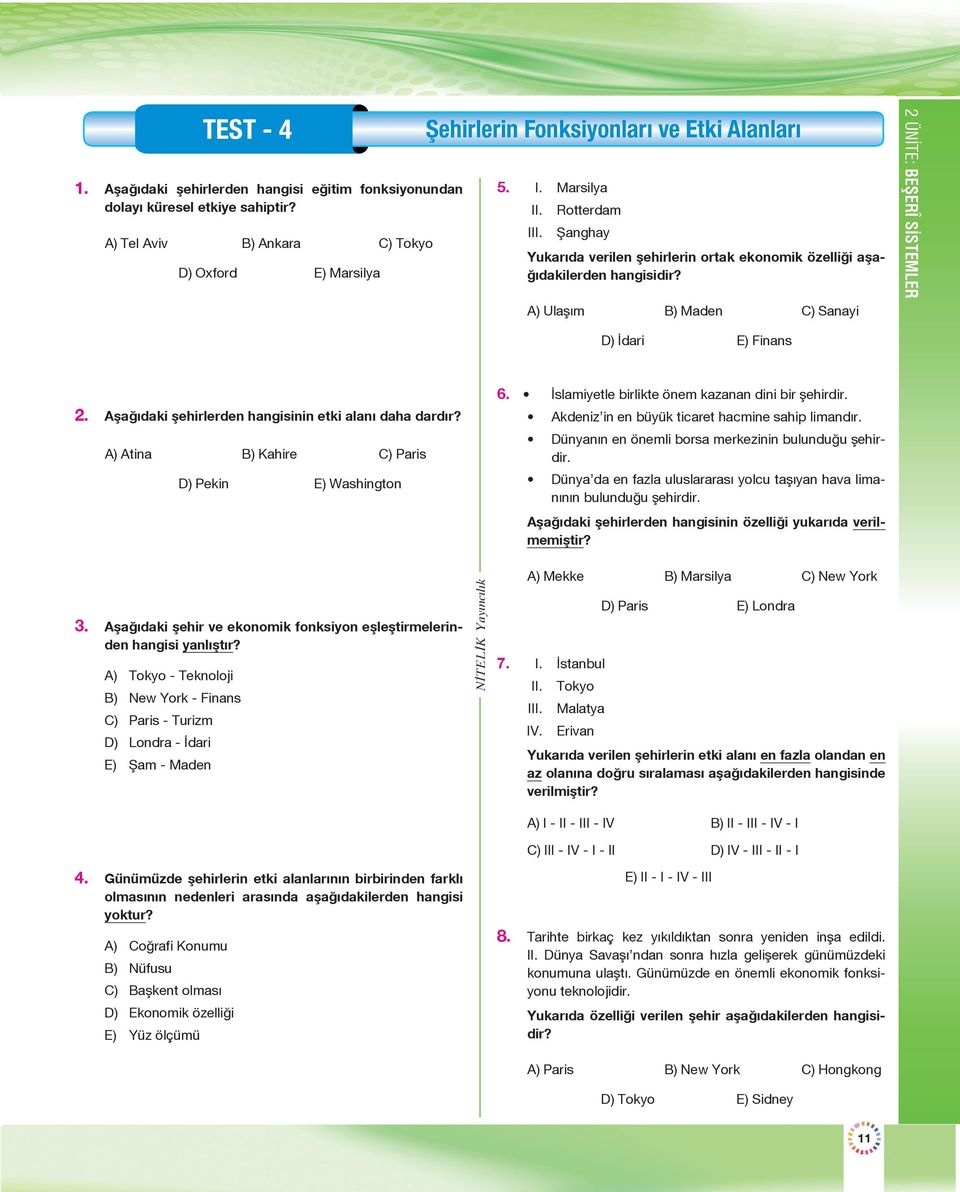 Aşağıdaki şehirlerden hangisinin etki alanı daha dardır? A) Atina B) Kahire C) Paris D) Pekin E) Washington 6. İslamiyetle birlikte önem kazanan dini bir şehirdir.