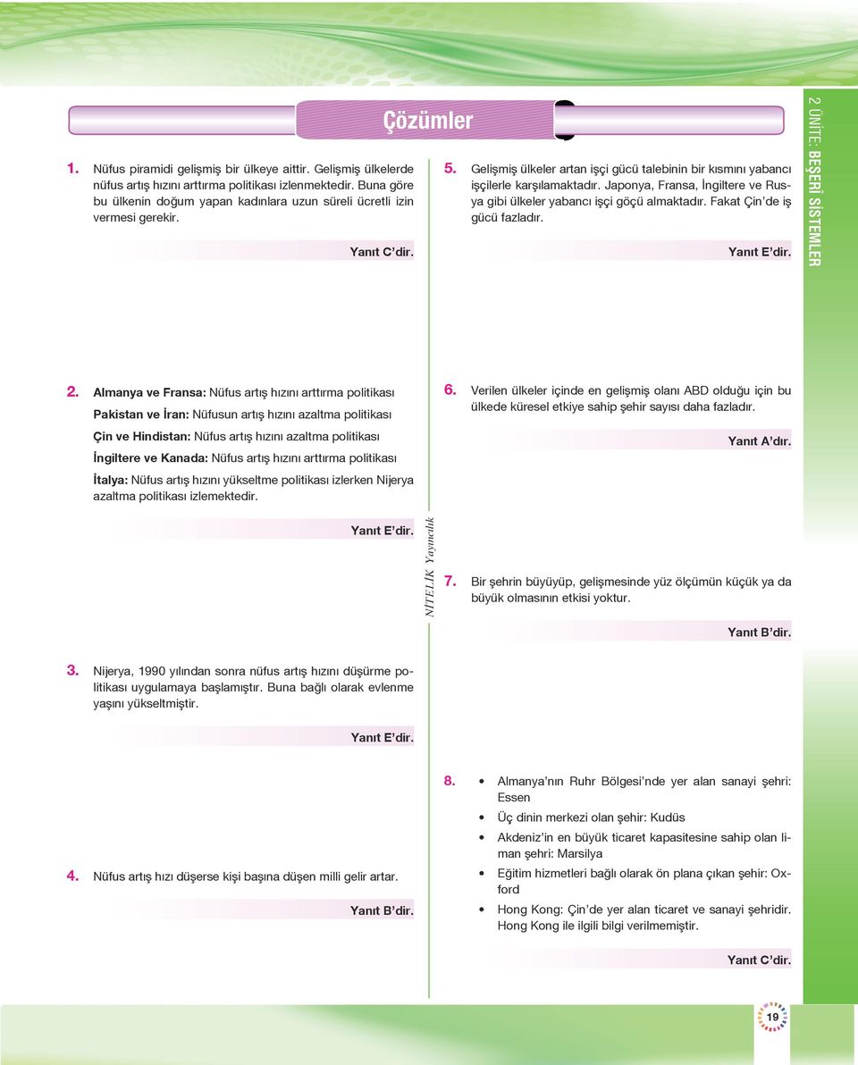 Japonya, Fransa, İngiltere ve Rusya gibi ülkeler yabancı işçi göçü almaktadır. Fakat Çin de iş gücü fazladır. Yanıt E dir. 2 ÜNİTE: BEŞERÎ SİSTEMLER 2.