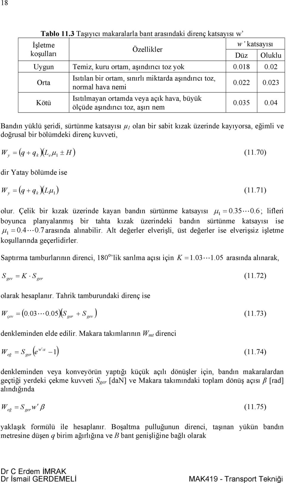 04 andın yüklü şeridi, sürtünme katsayısı µ olan bir sabit kızak üzerinde kayıyorsa, eğimli ve doğrusal bir bölümdeki direnç kuvveti, W ( q + q )( L H ) y k e ± dir Yatay bölümde ise W ( q q )( Lµ )