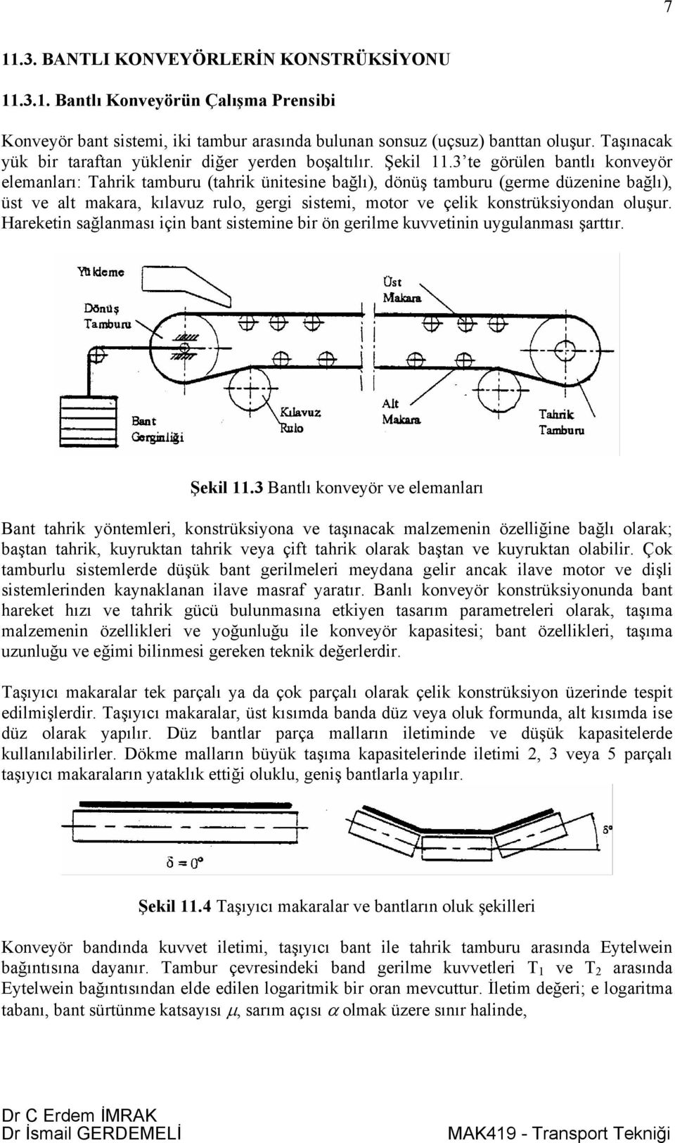 te görülen bantlı konveyör elemanları: Tahrik tamburu (tahrik ünitesine bağlı), dönüş tamburu (germe düzenine bağlı), üst ve alt makara, kılavuz rulo, gergi sistemi, motor ve çelik konstrüksiyondan