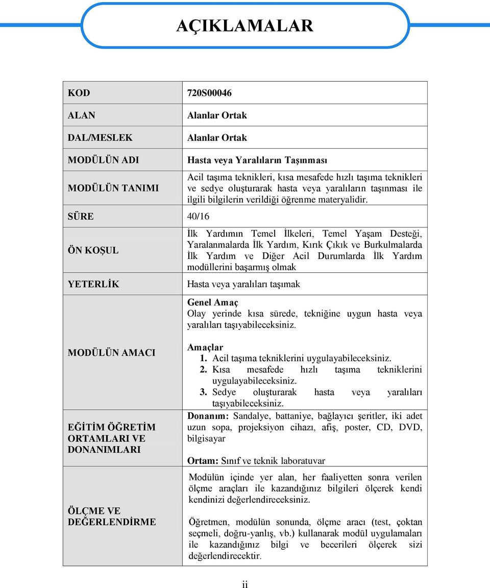 Ġlk Yardımın Temel Ġlkeleri, Temel YaĢam Desteği, Yaralanmalarda Ġlk Yardım, Kırık Çıkık ve Burkulmalarda Ġlk Yardım ve Diğer Acil Durumlarda Ġlk Yardım modüllerini baģarmıģ olmak Hasta veya