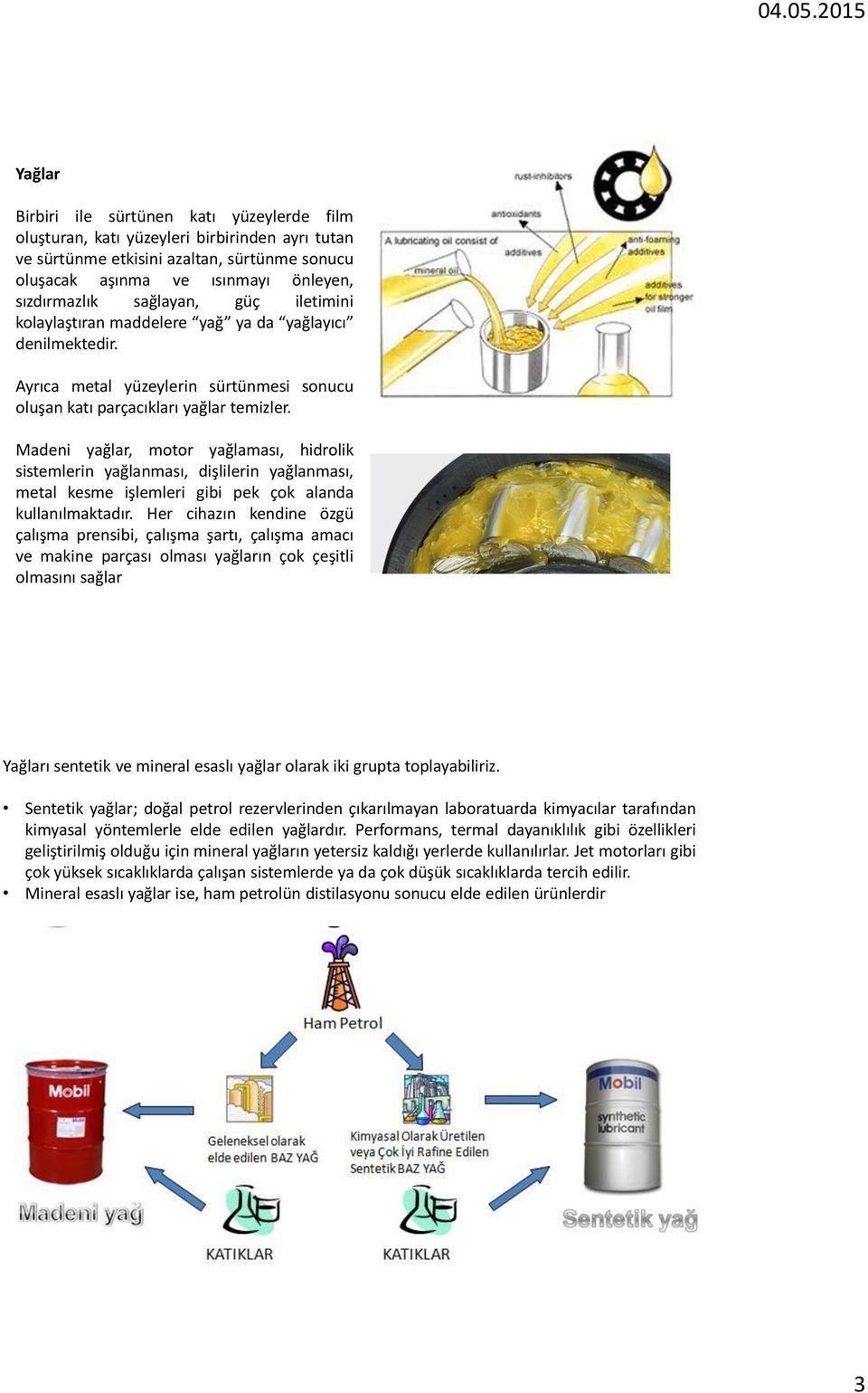 Madeni yağlar, motor yağlaması, hidrolik sistemlerin yağlanması, dişlilerin yağlanması, metal kesme işlemleri gibi pek çok alanda kullanılmaktadır.