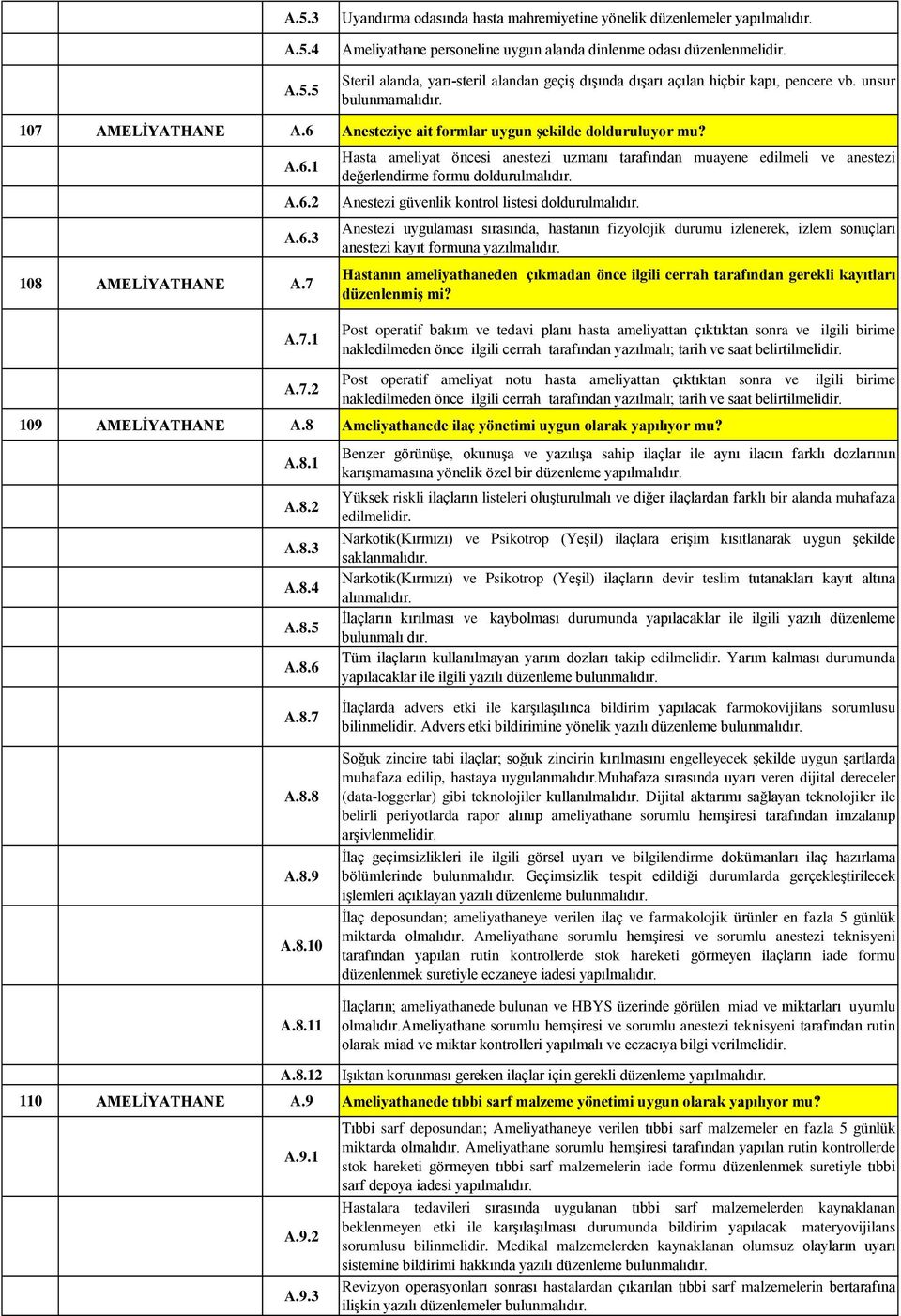 6.3 108 AMELİYATHANE A.7 Hasta ameliyat öncesi anestezi uzmanı tarafından muayene edilmeli ve anestezi değerlendirme formu doldurulmalıdır. Anestezi güvenlik kontrol listesi doldurulmalıdır.