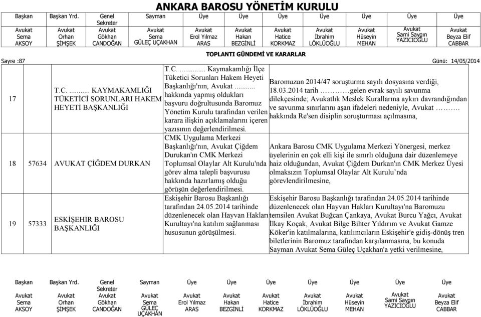 Merkezi Toplumsal Olaylar Alt Kurulu'nda görev alma talepli başvurusu hakkında hazırlamış olduğu görüşün Eskişehir Barosu Başkanlığı tarafından 24.05.