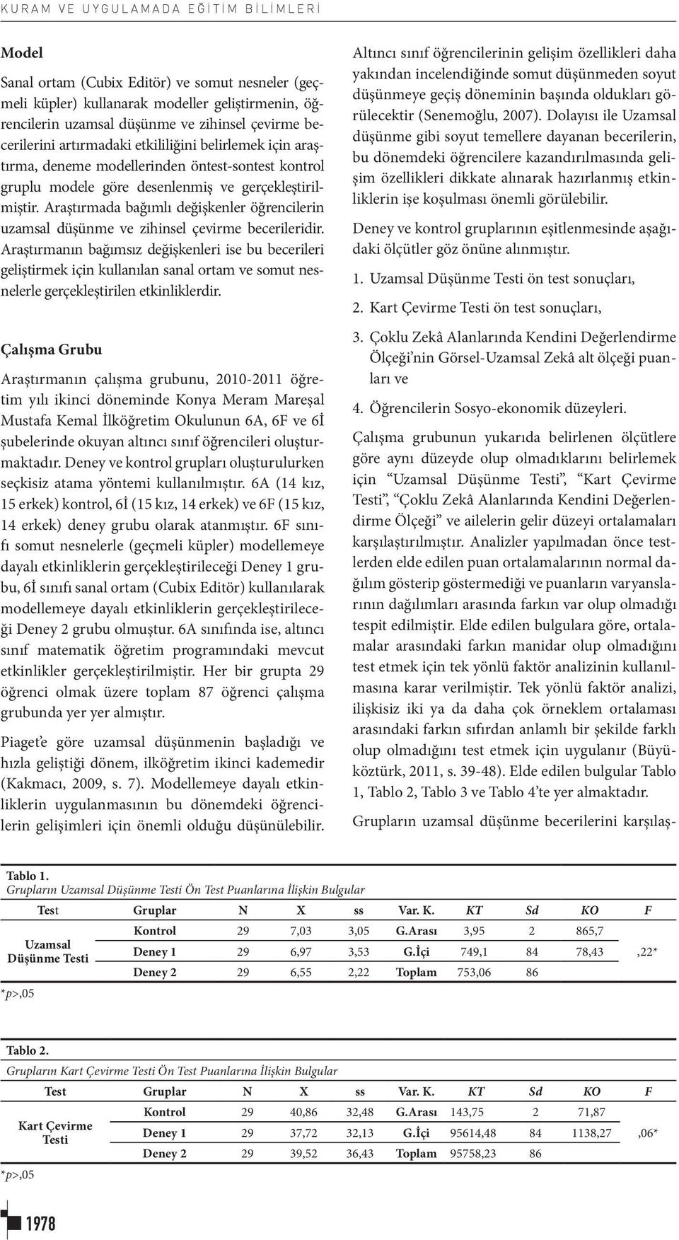 Araştırmada bağımlı değişkenler öğrencilerin uzamsal düşünme ve zihinsel çevirme becerileridir.