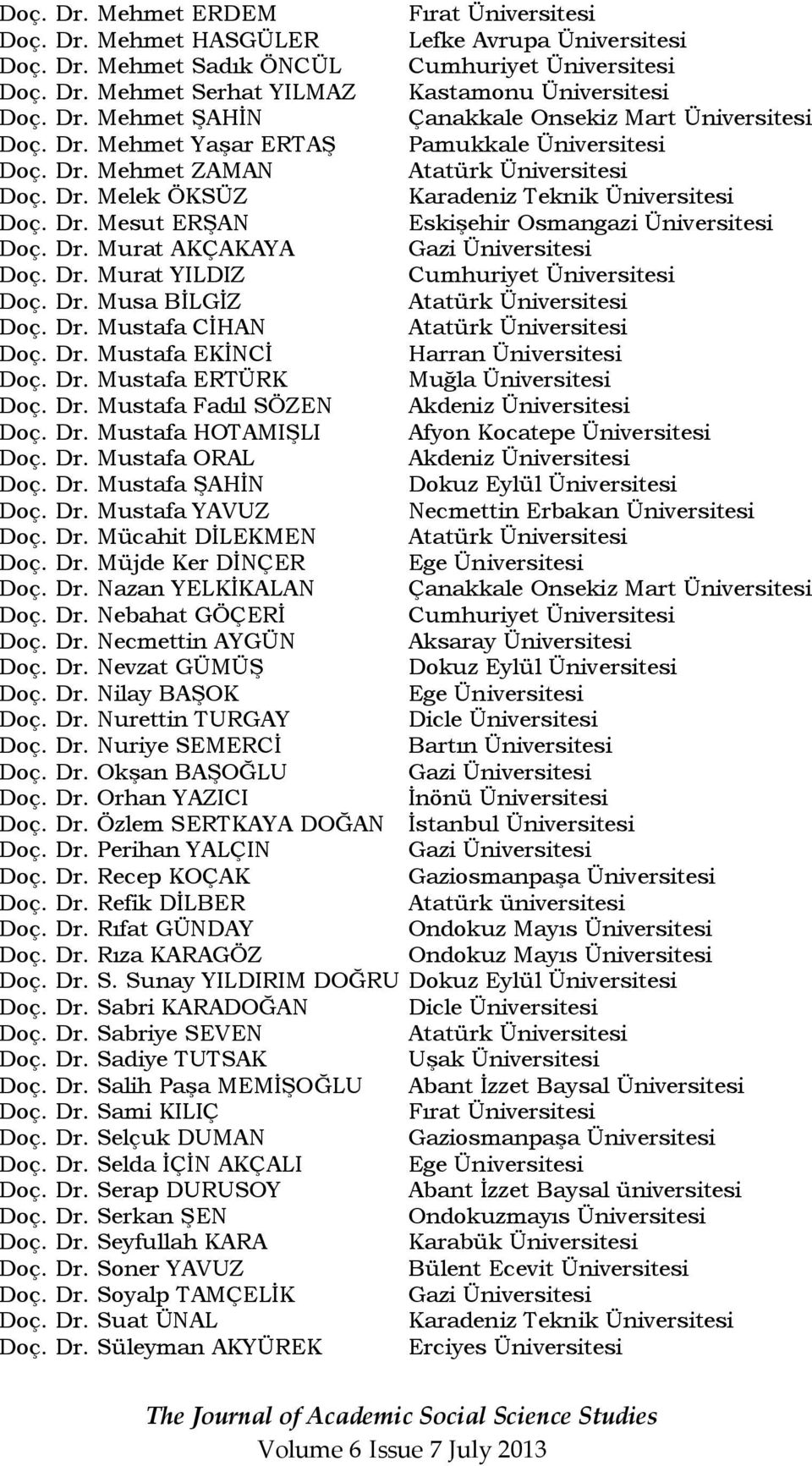 Dr. Murat AKÇAKAYA Gazi Üniversitesi Doç. Dr. Murat YILDIZ Cumhuriyet Üniversitesi Doç. Dr. Musa BĠLGĠZ Doç. Dr. Mustafa CĠHAN Doç. Dr. Mustafa EKĠNCĠ Harran Üniversitesi Doç. Dr. Mustafa ERTÜRK Muğla Üniversitesi Doç.