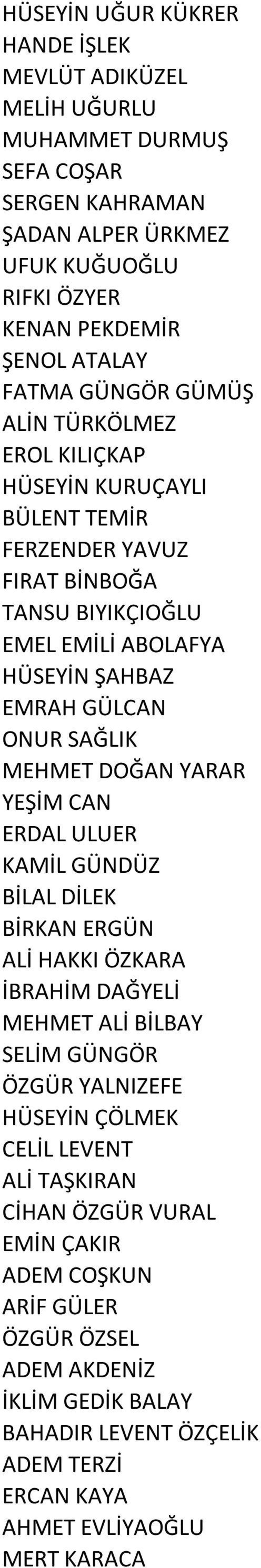 MEHMET DOĞAN YARAR YEŞİM CAN ERDAL ULUER KAMİL GÜNDÜZ BİLAL DİLEK BİRKAN ERGÜN ALİ HAKKI ÖZKARA İBRAHİM DAĞYELİ MEHMET ALİ BİLBAY SELİM GÜNGÖR ÖZGÜR YALNIZEFE HÜSEYİN ÇÖLMEK CELİL