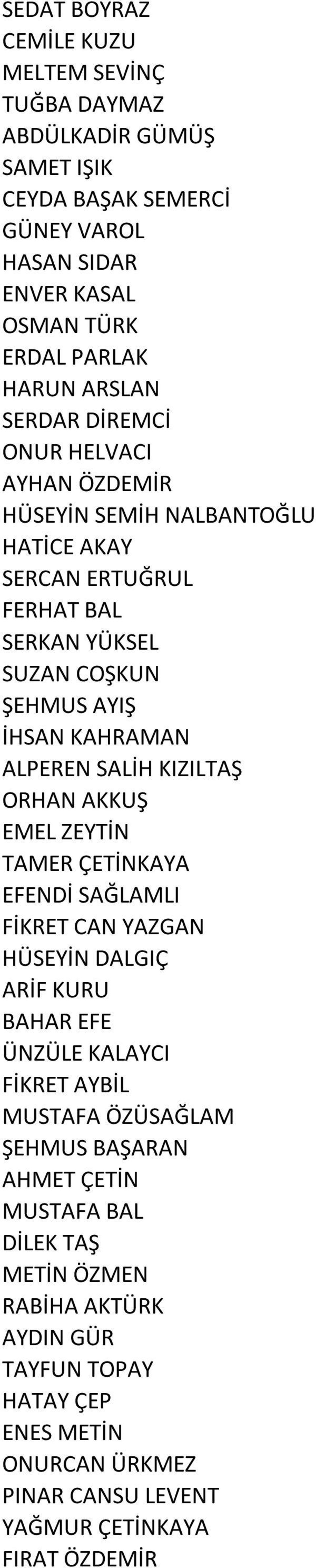 SALİH KIZILTAŞ ORHAN AKKUŞ EMEL ZEYTİN TAMER ÇETİNKAYA EFENDİ SAĞLAMLI FİKRET CAN YAZGAN HÜSEYİN DALGIÇ ARİF KURU BAHAR EFE ÜNZÜLE KALAYCI FİKRET AYBİL MUSTAFA ÖZÜSAĞLAM