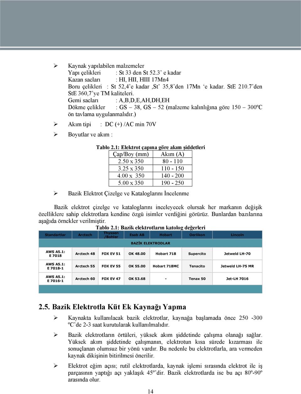 ) Akım tipi : DC (+) /AC min 70V Boyutlar ve akım : Tablo 2.1: Elektrot çapına göre akım şiddetleri Çap/Boy (mm) Akım (A) 2.50 x 350 80-110 3.25 x 350 110-150 4.00 x 350 140-200 5.