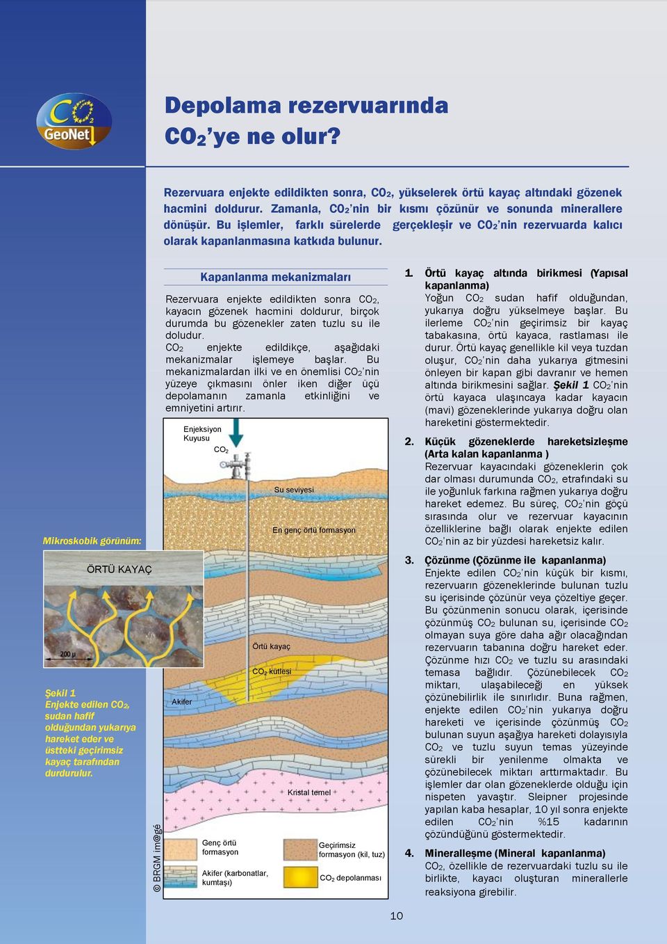 Mikroskobik görünüm: ÖRTÜ KAYAÇ Şekil 1 Enjekte edilen CO2, sudan hafif olduğundan yukarıya hareket eder ve üstteki geçirimsiz kayaç tarafından durdurulur.