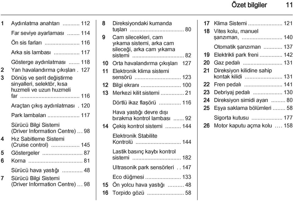 ..98 4 Hız Sabitleme Sistemi (Cruise control)... 145 5 Göstergeler... 87 6 Korna... 81 Sürücü hava yastığı... 48 7 Sürücü Bilgi Sistemi (Driver Information Centre)...98 8 Direksiyondaki kumanda tuşları.