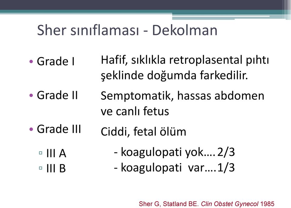 Semptomatik, hassas abdomen ve canlı fetus Ciddi, fetal ölüm -