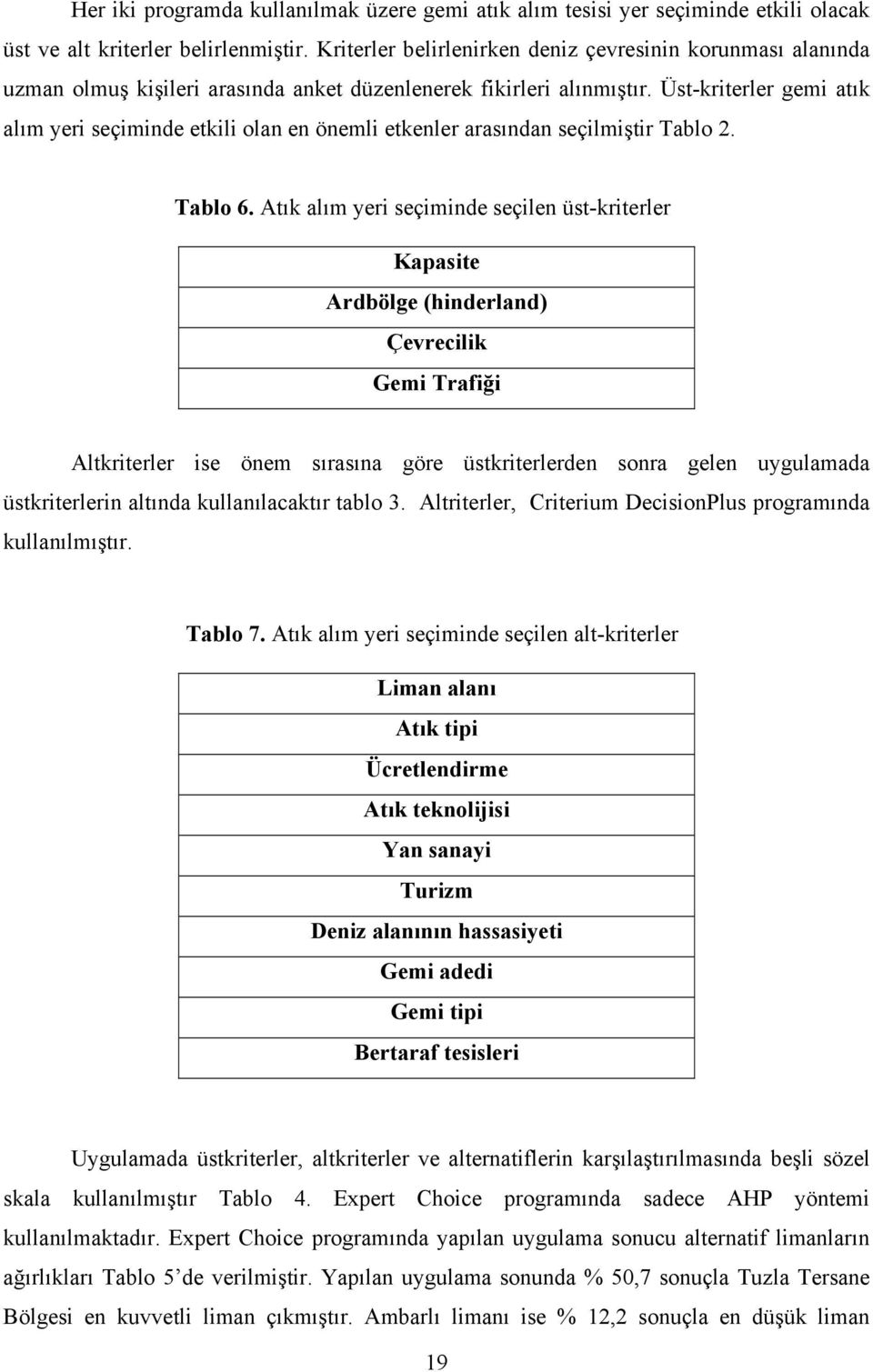 Üst-kriterler gemi atık alım yeri seçiminde etkili olan en önemli etkenler arasından seçilmiştir Tablo 2. Tablo 6.