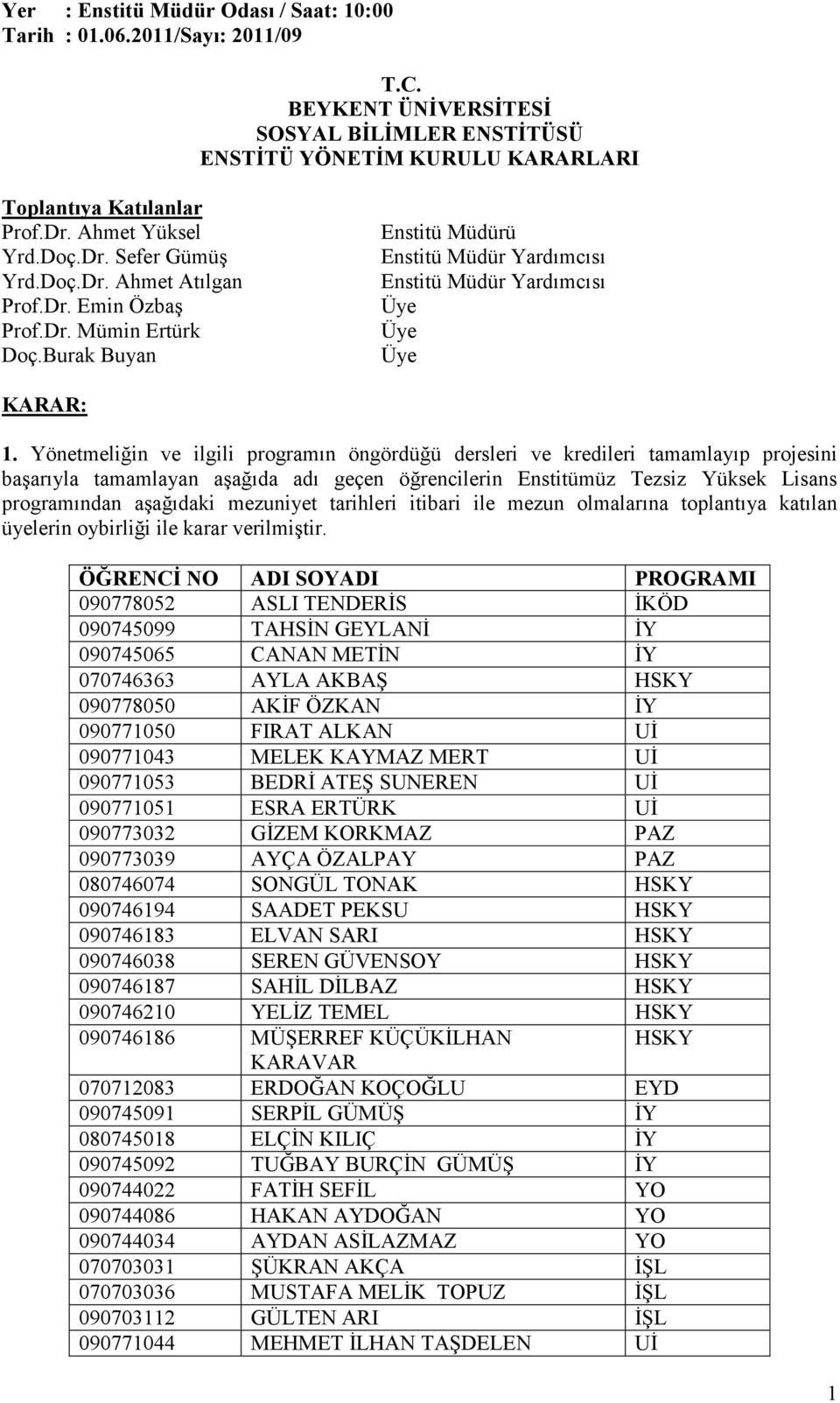 Yönetmeliğin ve ilgili programın öngördüğü dersleri ve kredileri tamamlayıp projesini başarıyla tamamlayan aşağıda adı geçen öğrencilerin Enstitümüz Tezsiz Yüksek Lisans programından aşağıdaki