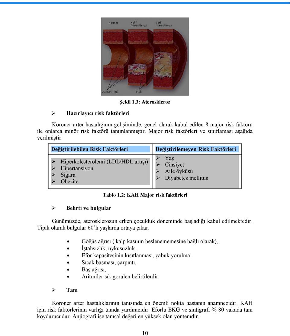 Değiştirilebilen Risk Faktörleri Hiperkolesterolemi (LDL/HDL artışı) Hipertansiyon Sigara Obezite Değiştirilemeyen Risk Faktörleri Yaş Cinsiyet Aile öyküsü Diyabetes mellitus Belirti ve bulgular