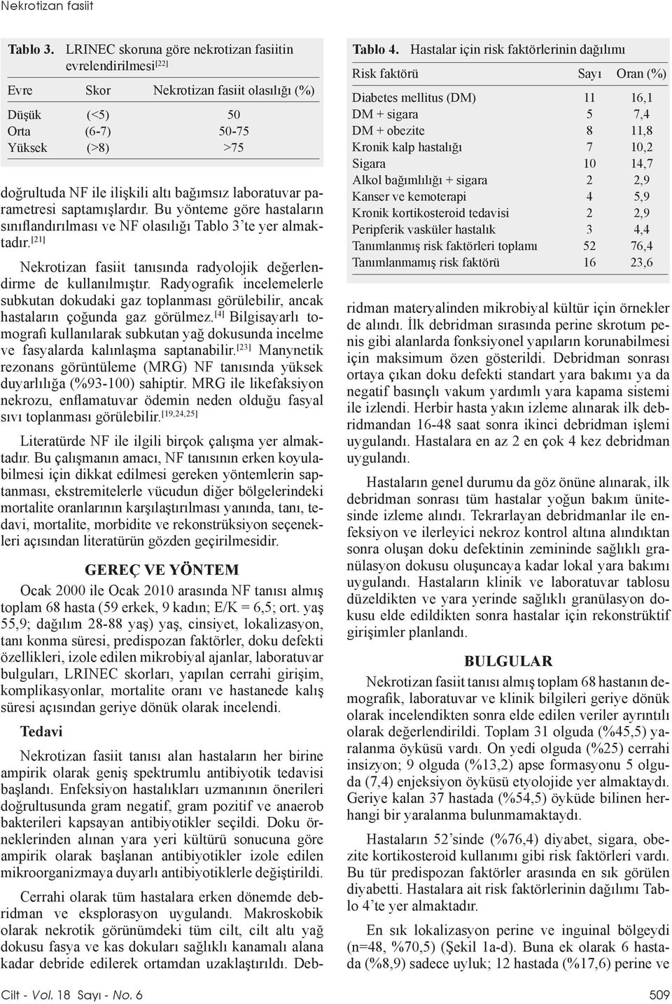 laboratuvar parametresi saptamışlardır. Bu yönteme göre hastaların sınıflandırılması ve NF olasılığı Tablo 3 te yer almaktadır.