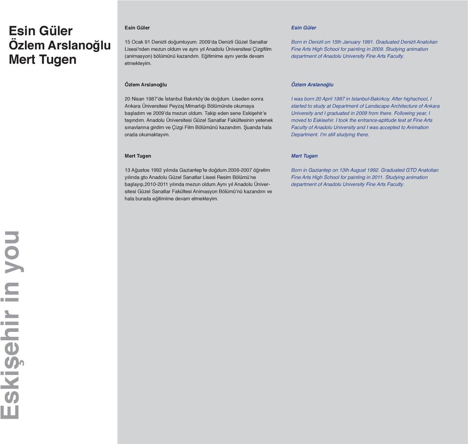 Esin Güler Born in Denizli on 15th January 1991. Graduated Denizli Anatolian Fine Arts High School for painting in 2009. Studying animation department of Anadolu University Fine Arts Faculty.