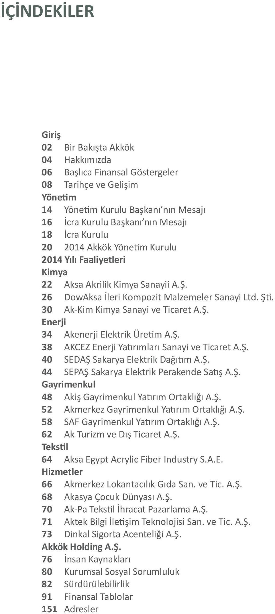 Ş. 38 AKCEZ Enerji Yatırımları Sanayi ve Ticaret A.Ş. 40 SEDAŞ Sakarya Elektrik Dağıtım A.Ş. 44 SEPAŞ Sakarya Elektrik Perakende Satış A.Ş. Gayrimenkul 48 Akiş Gayrimenkul Yatırım Ortaklığı A.Ş. 52 Akmerkez Gayrimenkul Yatırım Ortaklığı A.