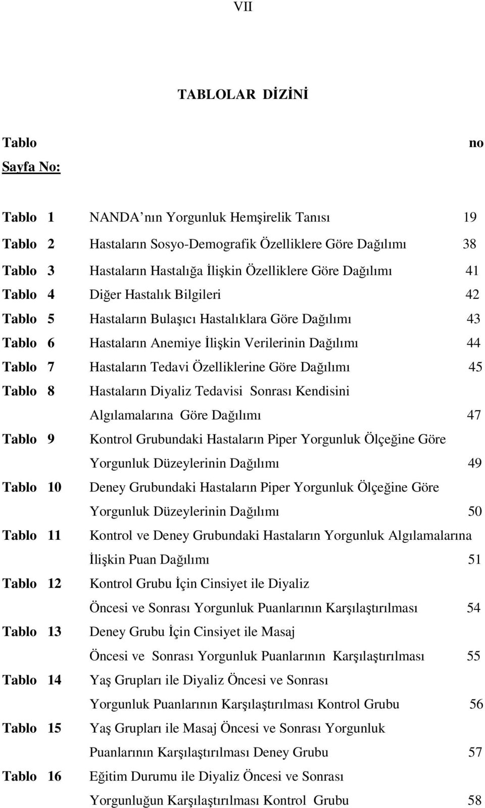 Hastaların Tedavi Özelliklerine Göre Dağılımı 45 Tablo 8 Hastaların Diyaliz Tedavisi Sonrası Kendisini Algılamalarına Göre Dağılımı 47 Tablo 9 Kontrol Grubundaki Hastaların Piper Yorgunluk Ölçeğine